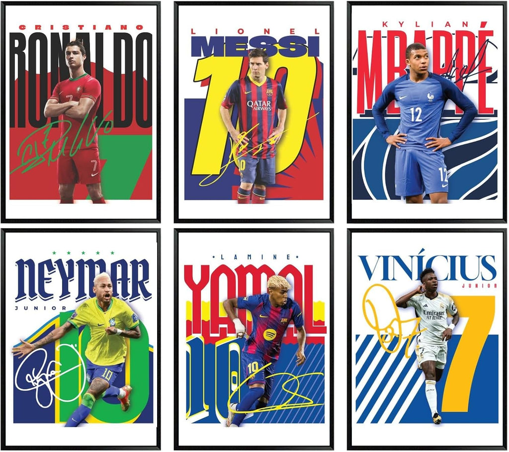 TinyMollo Soccer Wall Art Set, 6 Unframed 8x10 Sports Legends Prints with Messi, Ronaldo, Neymar, Mbappe for Boys Room, Kids Bedroom Decor