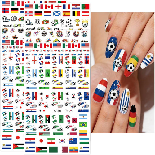 12Sheets World Cup Soccer Nail Stickers Colorful Football Sports Nail Decals Glitter Waterproof Nail Designs Competition Nails Supplies Self-Adhesive Nails Art Stickers for Women DIY Manicure