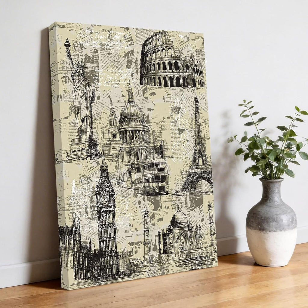 Beige City Canvas Wall Art for Living Room, Retro Country Beige Architecture Newspaper Texture Poster Print Painting for Bedroom Office Home Decoration Wall Pictures Prepare To Hang 22"x28"