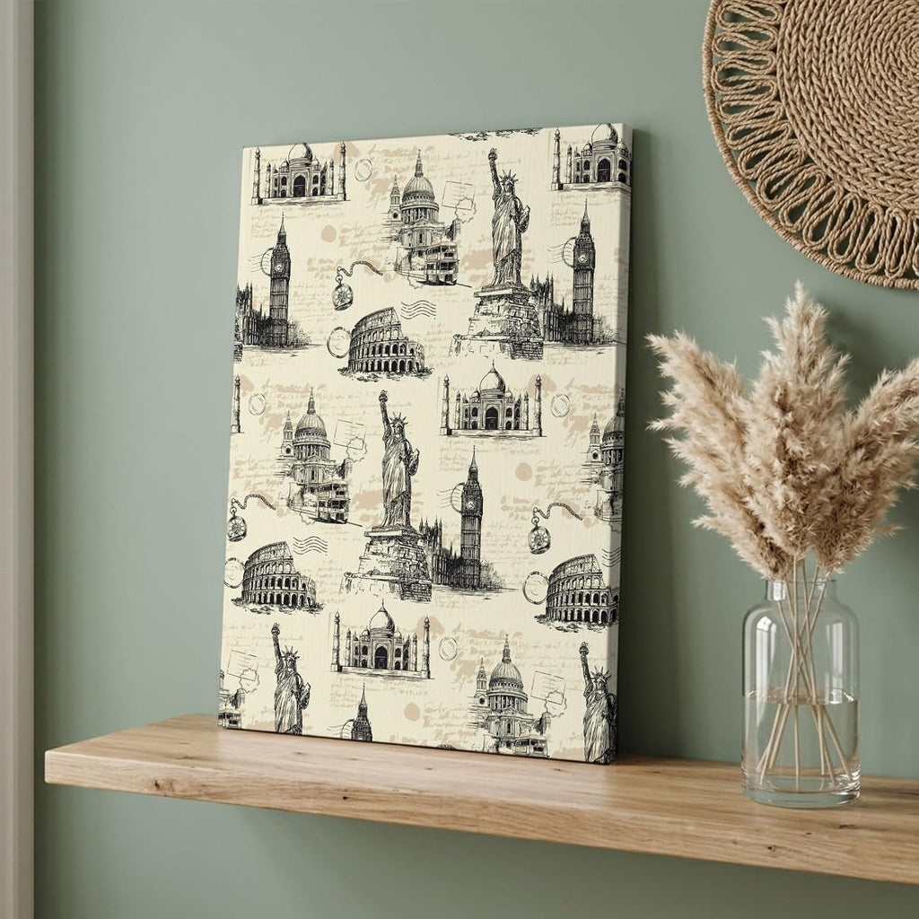 Beige City Canvas Wall Art for Living Room, Retro Modern Abstract Beige Architecture Poster Print Painting for Bedroom Office Home Decoration Wall Pictures Prepare To Hang 12"x16"