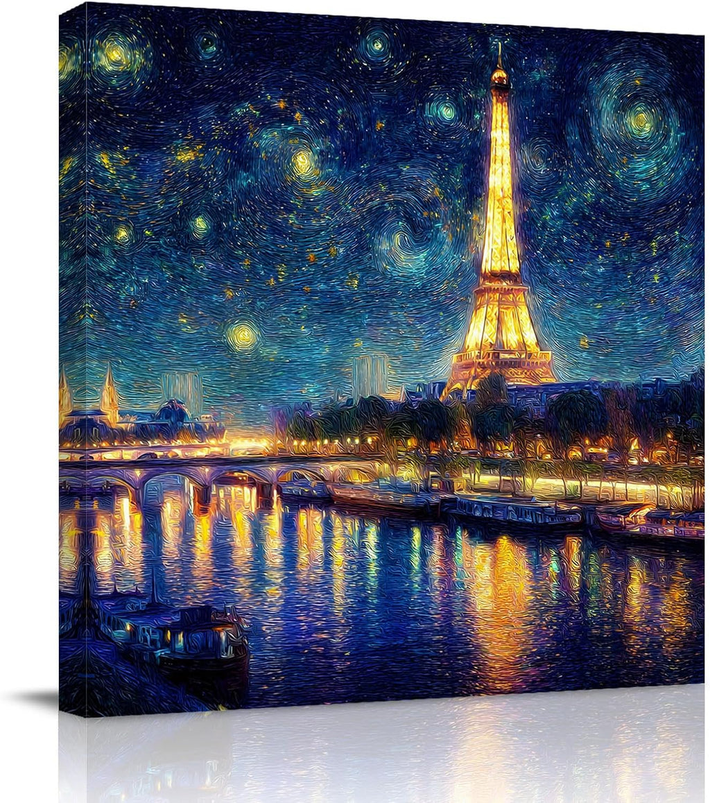 Eiffel Tower Canvas Wall Art for Living Room, Starry Night City River Impressionist Wall Decor Framed Artwork Pictures Ready to Hang for Bedroom Office Home Decor 10x10 Inch