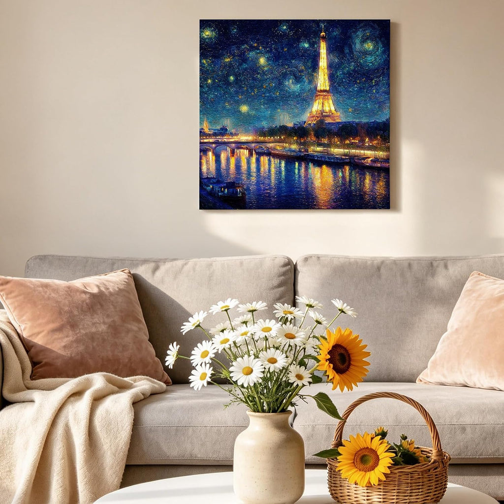 Eiffel Tower River Starry Sky Canvas Wall Art for Living Room Canvas Prints Paintings 12x12inch, Romantic City Lights Artwork for Bedroom Bathroom Home Decor Wall Art Stretched and Framed