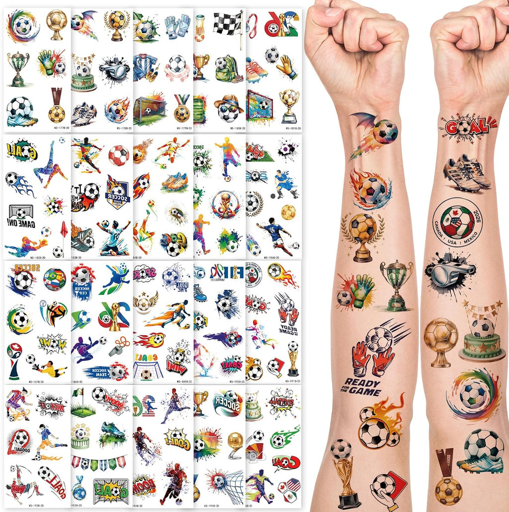 20 PCS World Cup Temporary Soccer Tattoos Stickers Kit World Cup Football Party Supplies for Fan Themed Birthday Favors Pre Cut Face Body Fake Tattoo Gift Bag USA Soccer Tattoos for Wolrd Cup