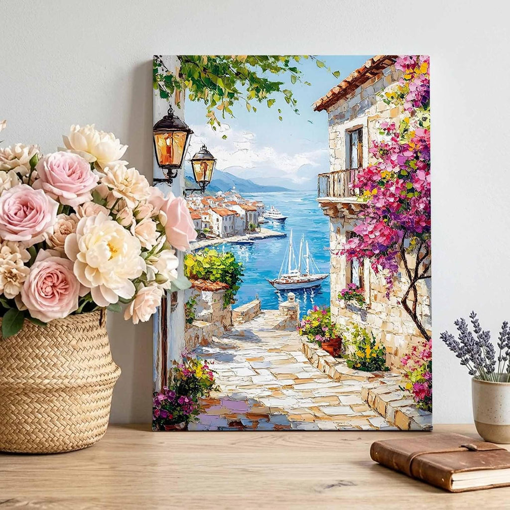Canvas Wall Art, Summer City Framed Canvas Prints for Bathroom Hallway, Farmhouse Romantic Ocean Beach Ship House Small Gallery Wrapped Wall Decor for Home Office, Gifts, 8"x10" Ship Next Day