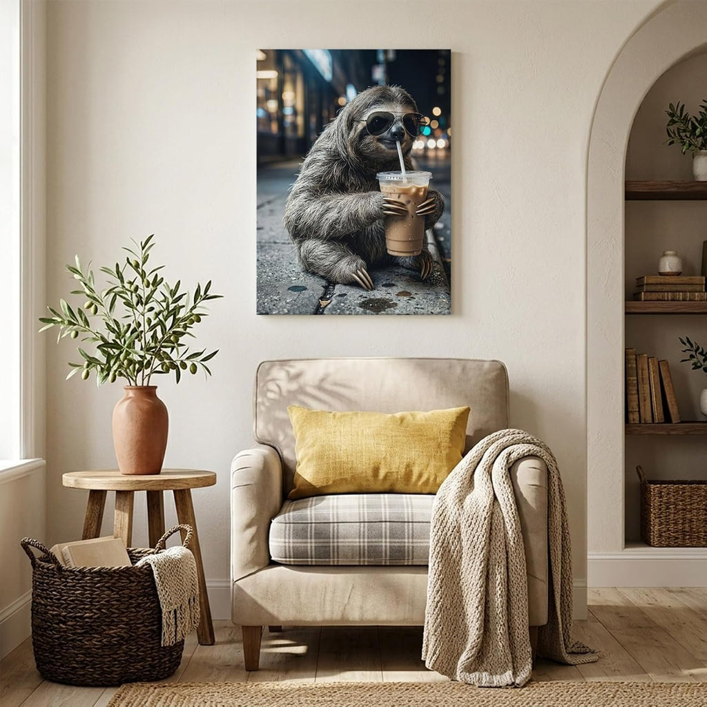 SHIPS NEXT DAY Sloth Character Canvas Wall Decor - High Definition Framed City Sidewalk Iced Coffee Picture Prints, Ready to Hang Waterproof Modern Artwork Decor for Living Room, Bathroom 12"x16"