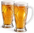 Beer Mugs For Freezer 22oz (2-Pack) – 3D Hexagon Textured Soccer Beer Glasses with Handle, Frosted Durable Drinkware for World Cup 2026, Best Gift for Soccer Fans, Dad & Husband – Dishwasher Safe