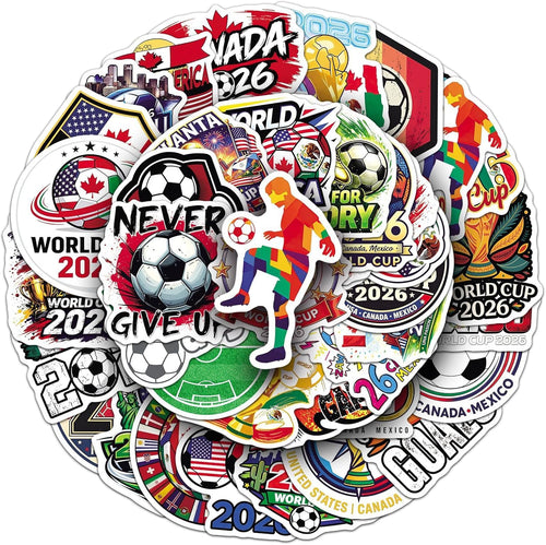 50Pcs 2026 World Cup Soccer Stickers, USA Canada Mexico Football Vinyl Decals for Water Bottles Laptops, Scrapbook, Skateboard, Suitcase, Sports Stickers for Fans, Soccer Lover Gifts