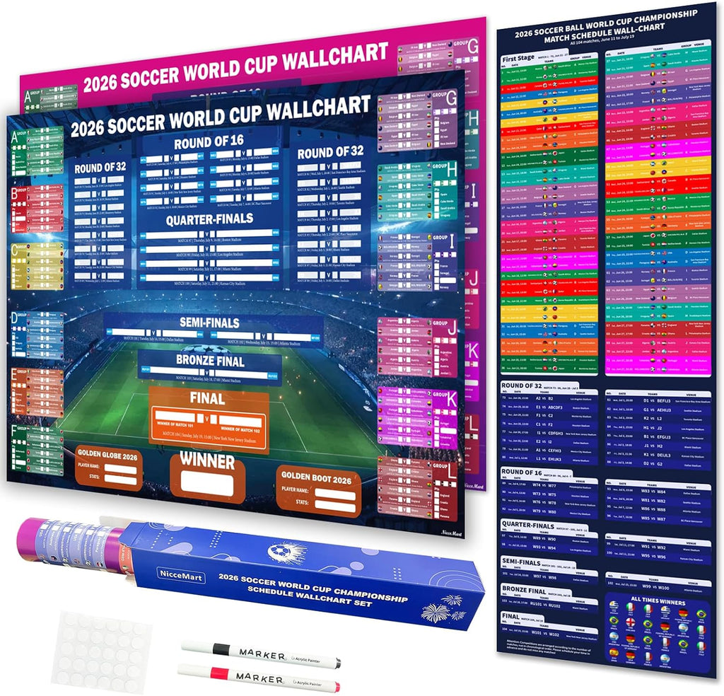 NicceMart World Cup Soccer Ball 2026 Tournament‌ Wallchart Set, 39" x 26" 2 Design All Matches Poster and 39" x 13" Schedule Chart Double Side Printing No Crease for Soccer Party Bar Home Decorations