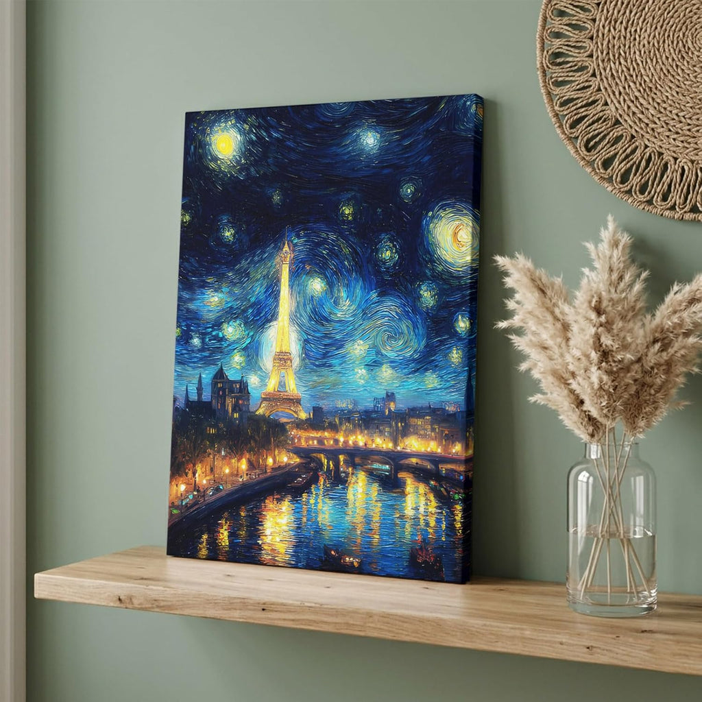 Eiffel Tower Canvas Wall Art for Living Room, Starry Night City Impressionist Abstract Poster Print Painting for Bedroom Office Home Decoration Wall Pictures Prepare To Hang 16"x24"