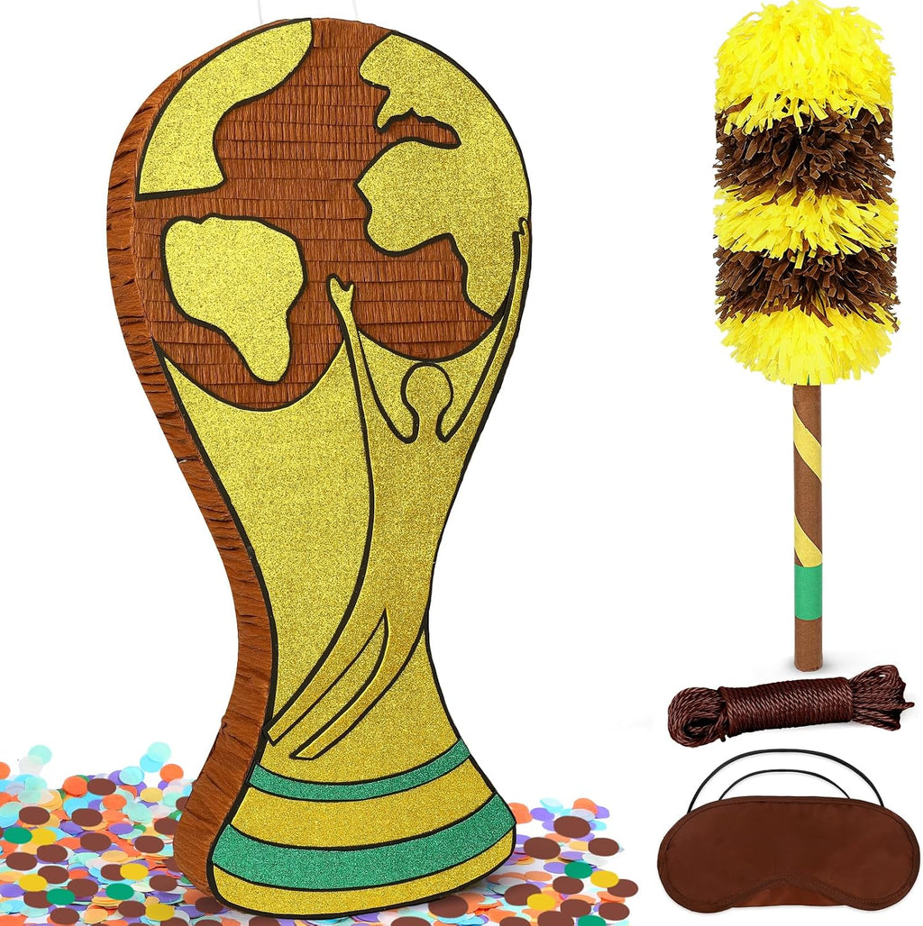 25" World Cup Trophy Piñata - Large Gold Champion Cup Pinata with Stick, Blindfold & Confetti - Soccer Theme Birthday Decorations, Sports Party Supplies for Boys Kids & Adults Victory Celebration
