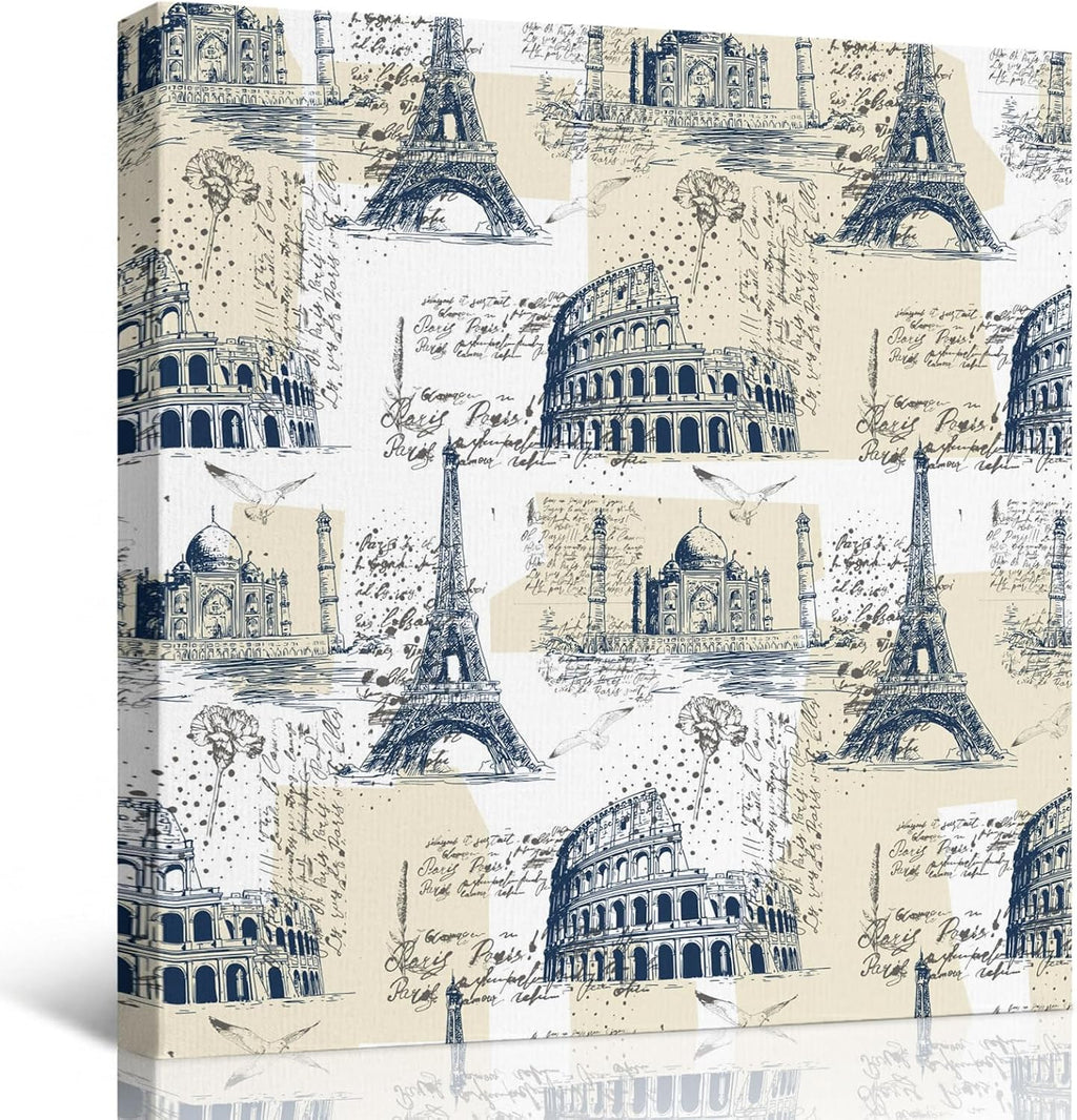 Yellow Architecture Framed Wall Art, Retro Classic Yellow White City Canvas Prints, Stretched Wall Decor Artwork for Living Room Bedroom Office Home, Ready to Hang, Made in USA, 12"x12"