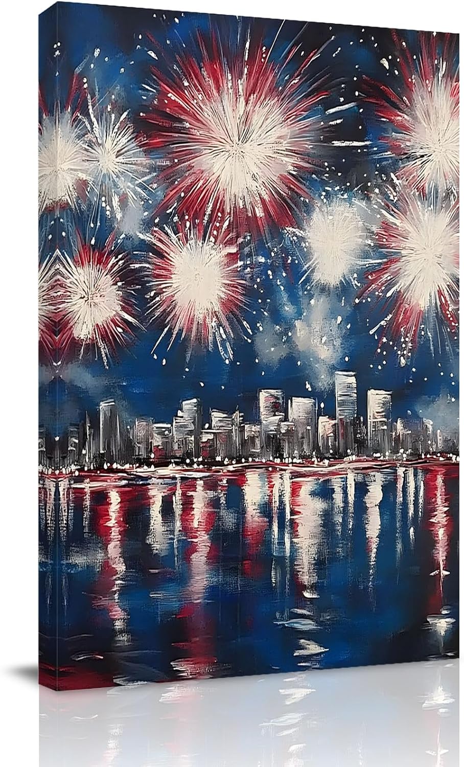 Independence Day Canvas Wall Art, 8x10 Inch, Fireworks City Night Scene Patriotic Framed Canvas Painting Print Posters, Ready to Hang, Wall Decor for Living Room Bedroom Office