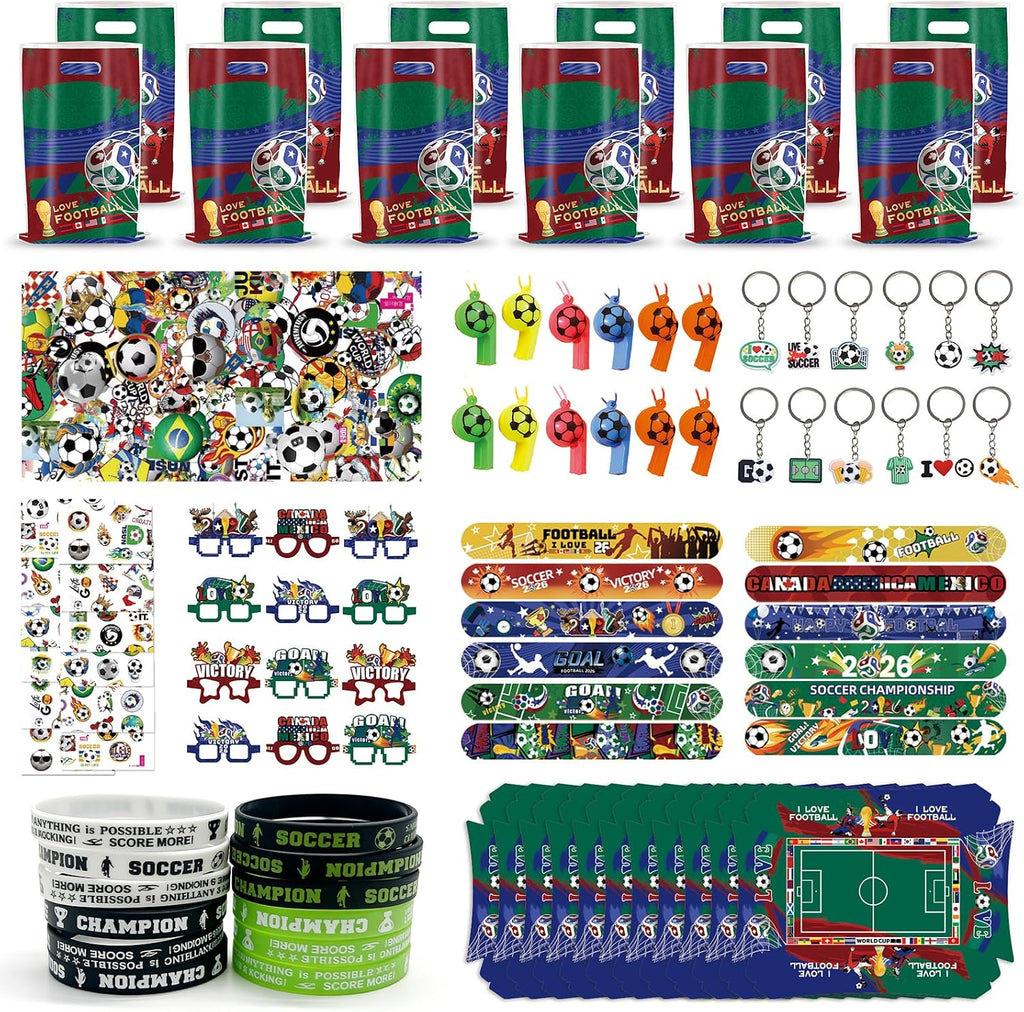 135 Pcs Soccer Party Favors for Boys, World Cup Soccer Football Birthday Supplies for 12 Guests with Gift Bags, Snack Boxes, Slap Bracelets, Tattoo Stickers, Whistles, Keychains and Pinata Fillers