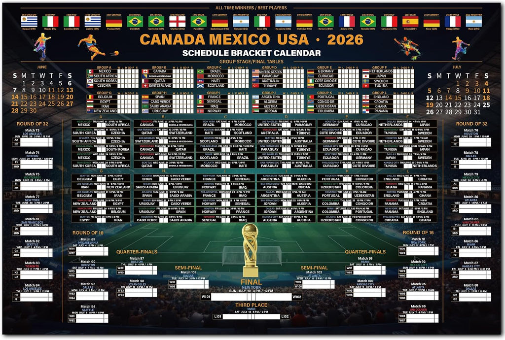 Juchuar World Cup — 36×24 inch Large Soccer Tournament Wall Chart with Knockout Bracket, All 48 Teams & 104 Matches Schedule Poster, Watch Party Decorations & Fan Gift for Home Bar & Sports Bar
