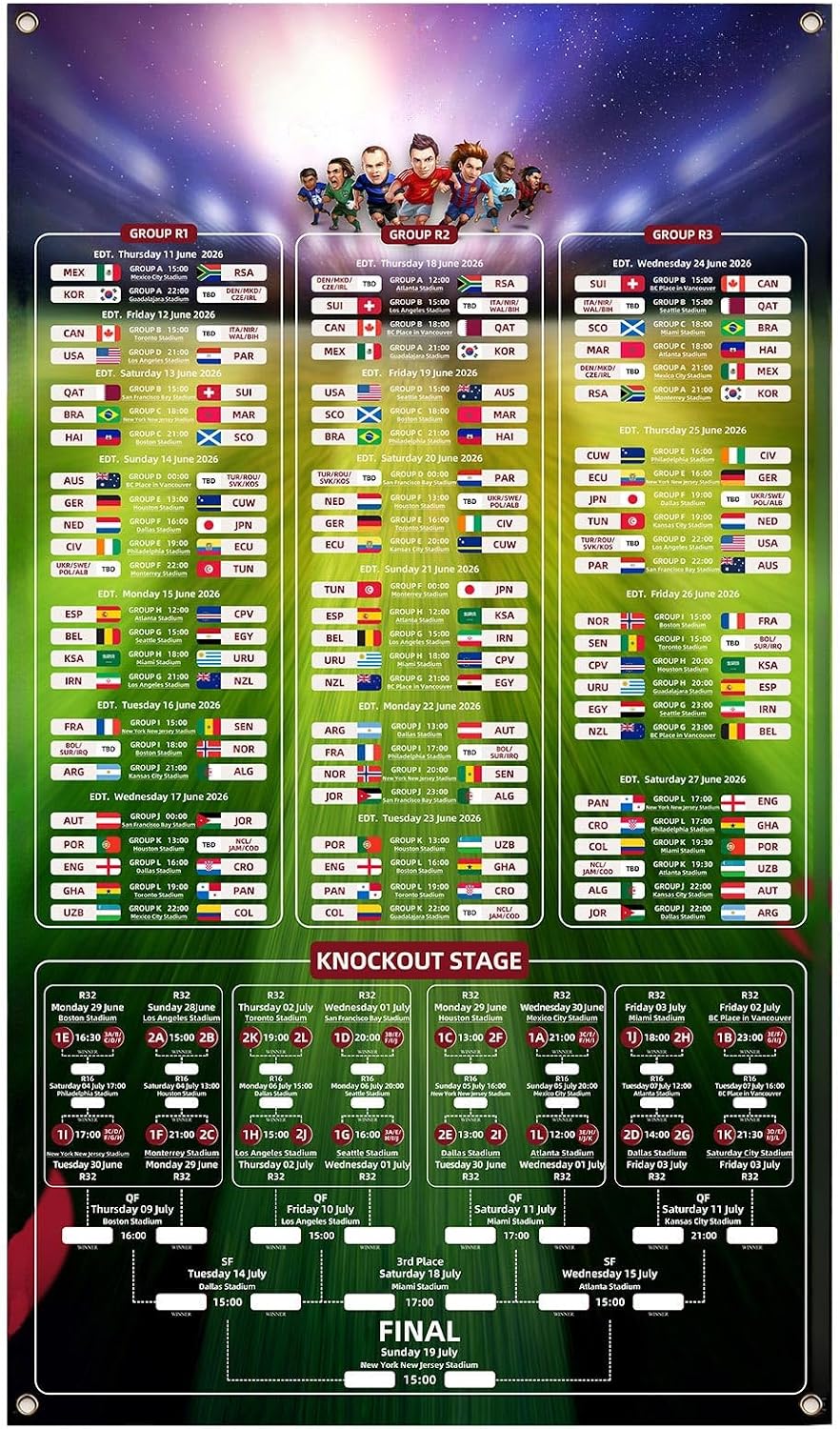 Ouvgen 2026 World Soccer Tournament Extra Large Schedule Poster - Tournament Chart on Premium Satin Polyester with Metal Grommets for Watch Parties, Office, Bar Decor & Soccer Gifts (47.24in*27.56 in)