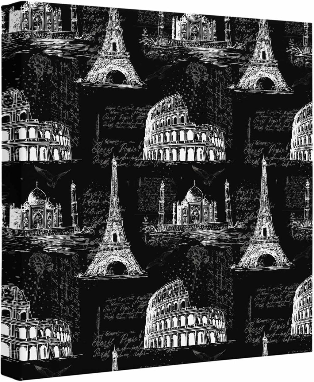 Wood Canvas Wall Art, Black Architecture Wall Decor for Bathroom Kitchen Nursery, Eiffel Tower Retro City Classical Colosseum Canvas Prints Artwork Ready to Hang Home Decor, Housewarming Gift 8''x8''