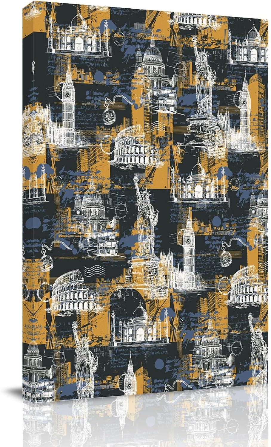 Orange Blue City Canvas Wall Art for Living Room, Modern Abstract Orange Blue Architecture Wall Decor Framed Artwork Pictures Ready to Hang for Bedroom Office Home Decor 24x36 Inch