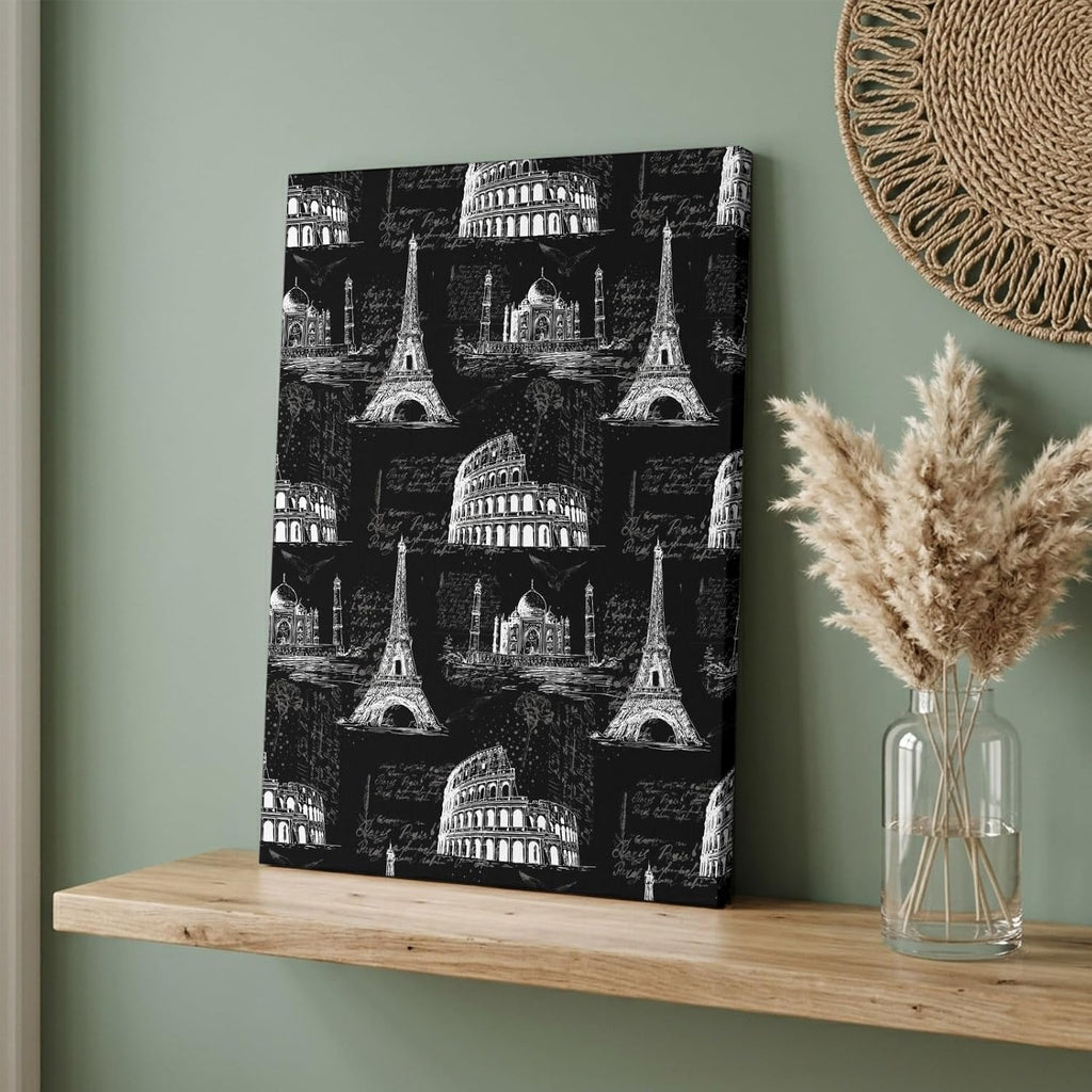 Black Architecture Canvas Wall Art for Living Room, Retro Classic Black White City Poster Print Painting for Bedroom Office Home Decoration Wall Pictures Prepare To Hang 11"x14"