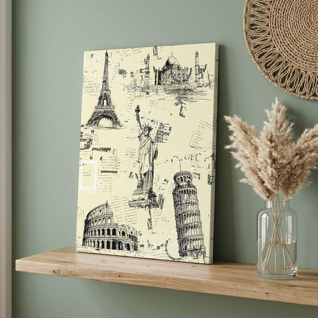 Beige City Canvas Wall Art for Living Room, Modern Black Architecture Light Yellow Poster Print Painting for Bedroom Office Home Decoration Wall Pictures Prepare To Hang 8"x12"