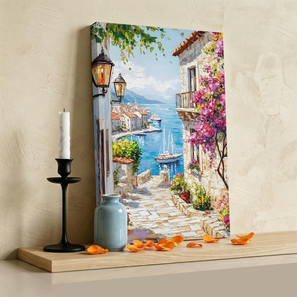 Summer City Wall Art for Living Room Bedroom, Canvas Art Prints Paintings, Farmhouse Romantic Ocean Beach Ship House Wooden Framed Artwork Pictures Home Wall Decor 18x24 In Made in USA