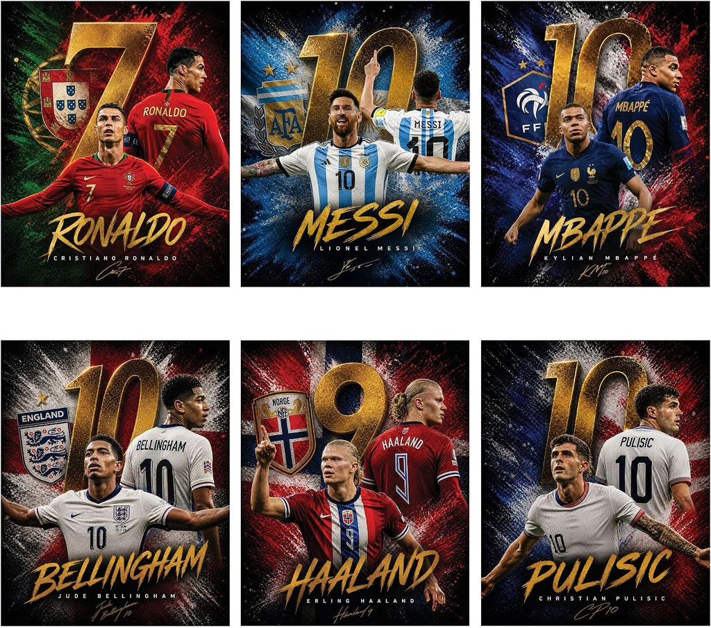 TinyMollo Soccer Wall Art Posters, Messi, Ronaldo, Mbappe, Set of 6, 8x10 Inches, Unframed, Boys Room Decor for Soccer Fans
