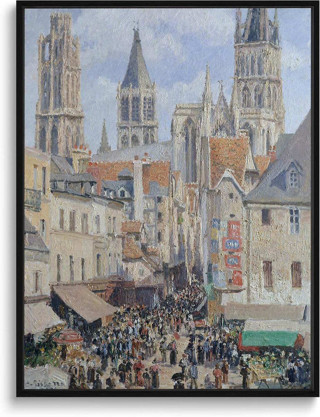 Pissarro Rouen Cathedral Floating Framed Canvas Wall Art French Market Painting Prints Posters Impressionist Wall Decor Cityscape Artwork for Living Room Bedroom Office Gallery Home Gift 12x16 Inches