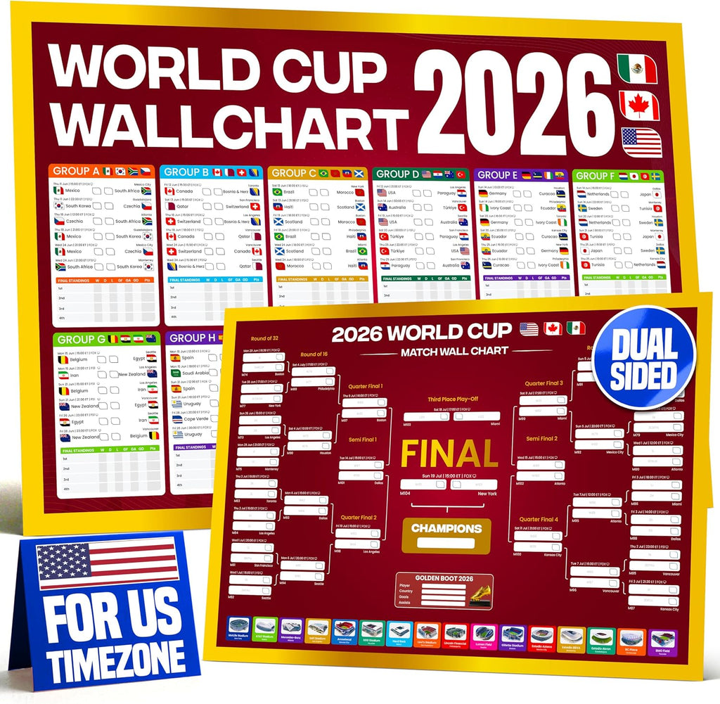 World Cup Bracket Poster 2026 | A1 Size 2026 World Cup Soccer Poster with US Kick Off Times, Fixtures, Stadiums & Host Cities | 2026 World Cup Wall Chart
