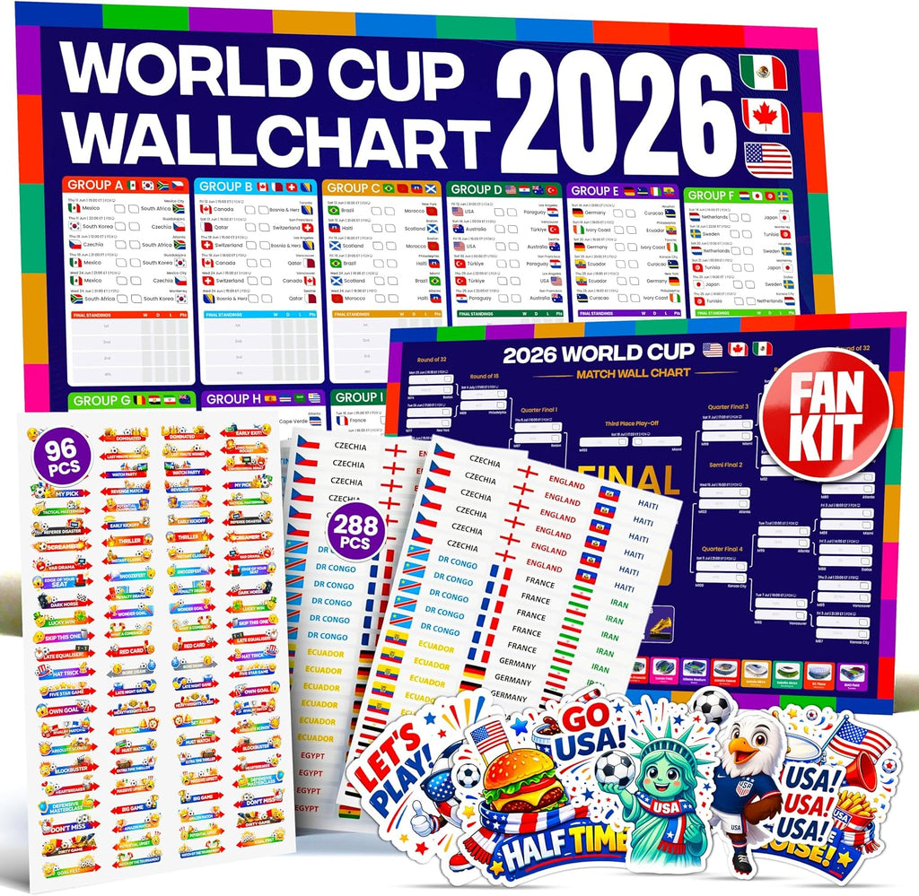 World Cup Wall Chart 2026 Interactive Kit (USA Edition) – A1 Soccer Tournament Wall Planner, 288 Team Progression Stickers, 96 Match Action Stickers, Tournament Tracker & USA Sticker