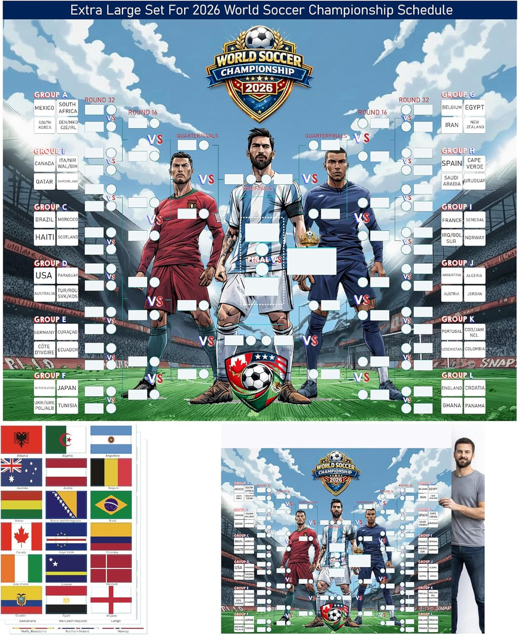 Mascotwish World Soccer Cup 2026 Schedule Poster Bracket – 5.2ft x 4.1ft Large Soccer Tournament Wall Chart with Flag Stickers, Vinyl Match Tracker for World Soccer Championship 2026 Party Decor