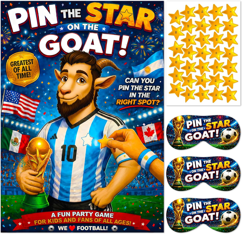 Pin the Star on the Goat Party Game for Kids - 2026 World Cup Party Game with A1 Poster, 34 Gold Star Stickers, 3 Elasticated Blindfolds | Birthday Party Game, Soccer Party Favor, Pin Game