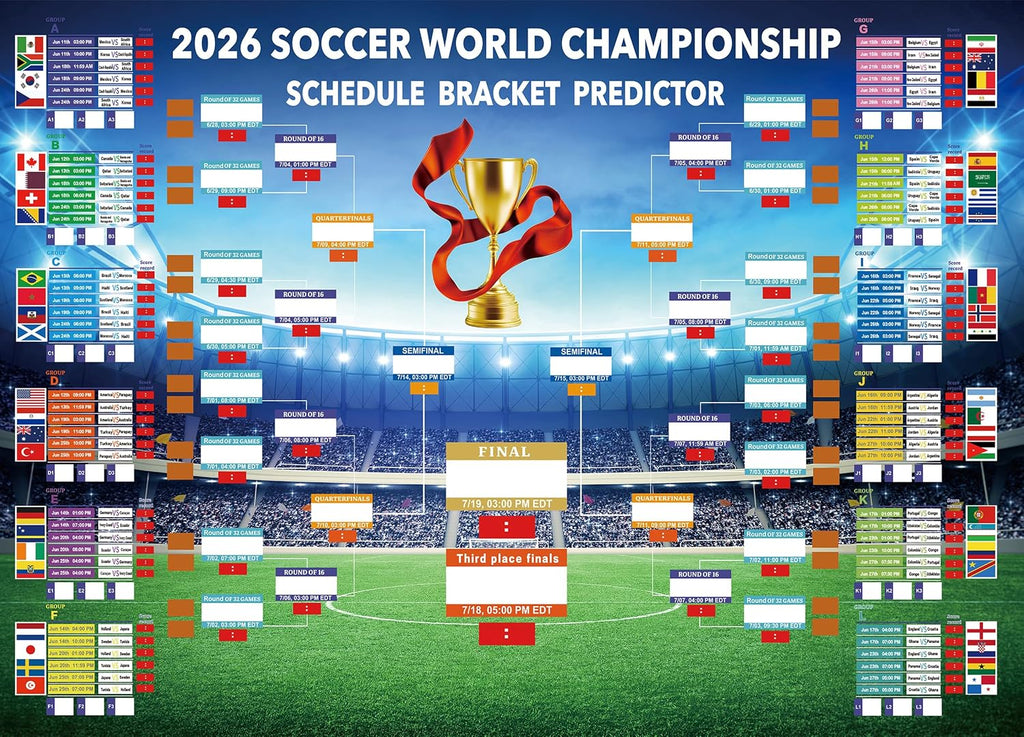 MORTICO 2026 World Cup Bracket Poster 35.5"x23.6" - Bracket Predictor Chart with All Group Matches (A-L) Through Final- EDT Times, Soccer Party Decor Sports Bar Essentials, Great Soccer Fans Gifts