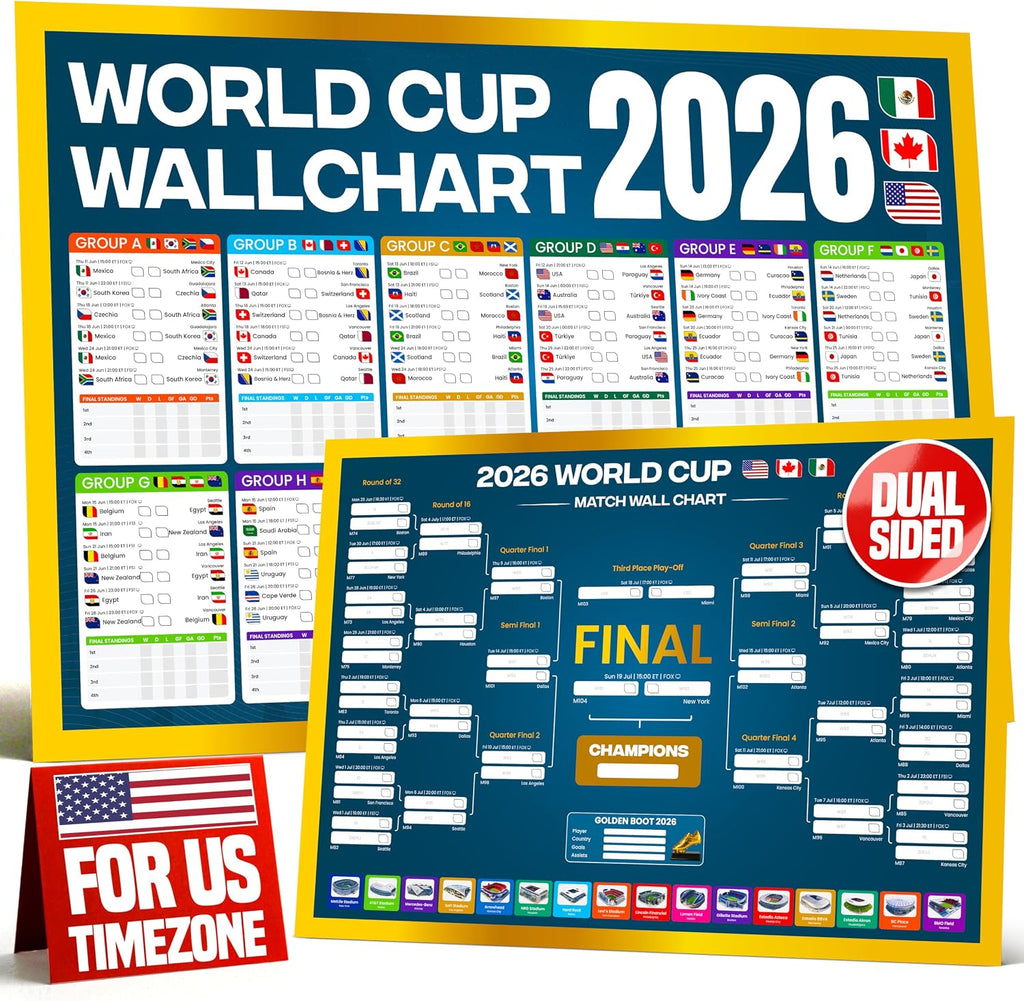World Cup Bracket Poster 2026 | A1 Size 2026 World Cup Soccer Poster with US Kick Off Times, Fixtures, Stadiums & Host Cities | World Cup Wall Chart