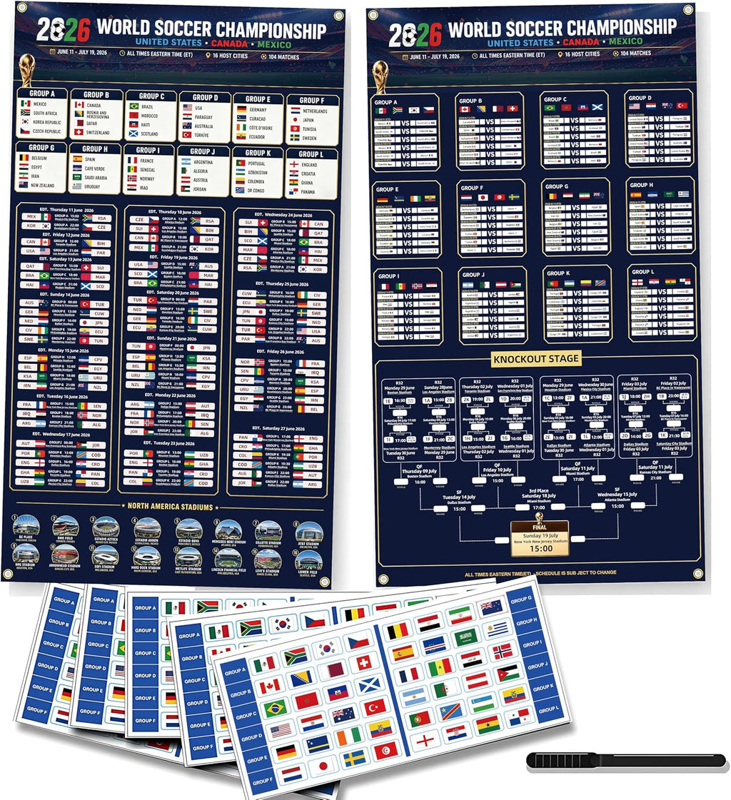 2026 World Soccer Cup Schedule & Match Fabric Wall Chart Set – 2 Large Cloth Posters with Marker & National Flag Stickers for wonderful Soccer Fans Gift Soccer Game Night Decorations (75x130cm)