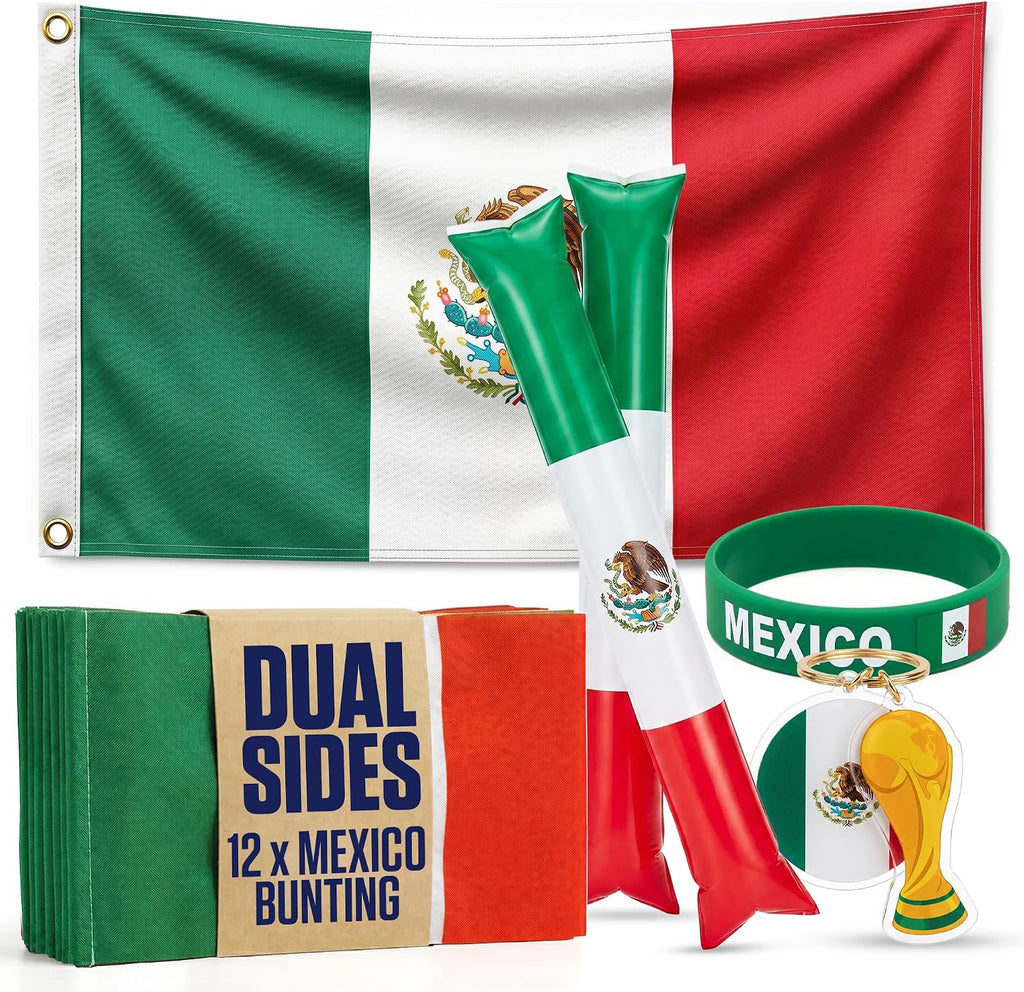 2026 World Cup Supporter Set – Bunting, Thundersticks, Wristband & Keyring – Football Fan Set, USA/Mexico/England