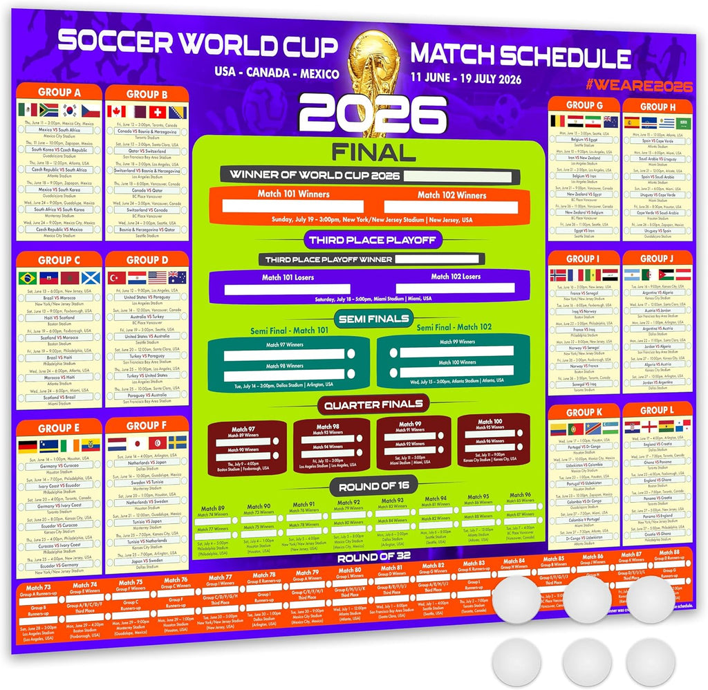 2026 World Soccer Tournament Wall Chart – A1 Size Football Bracket Poster 33.1"x23.4", US Kick Off Times, Fixtures, Stadiums & Host Cities
