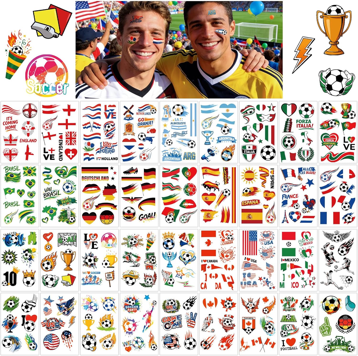 280+ PCS Soccer Fan Temporary Tattoos for Men Women Kids, 36 Sheets Football Tattoo Stickers for Women Men, World Cup Euro Cup Party Supplies Favors, Fan Face Stickers for Sports Events Decorations