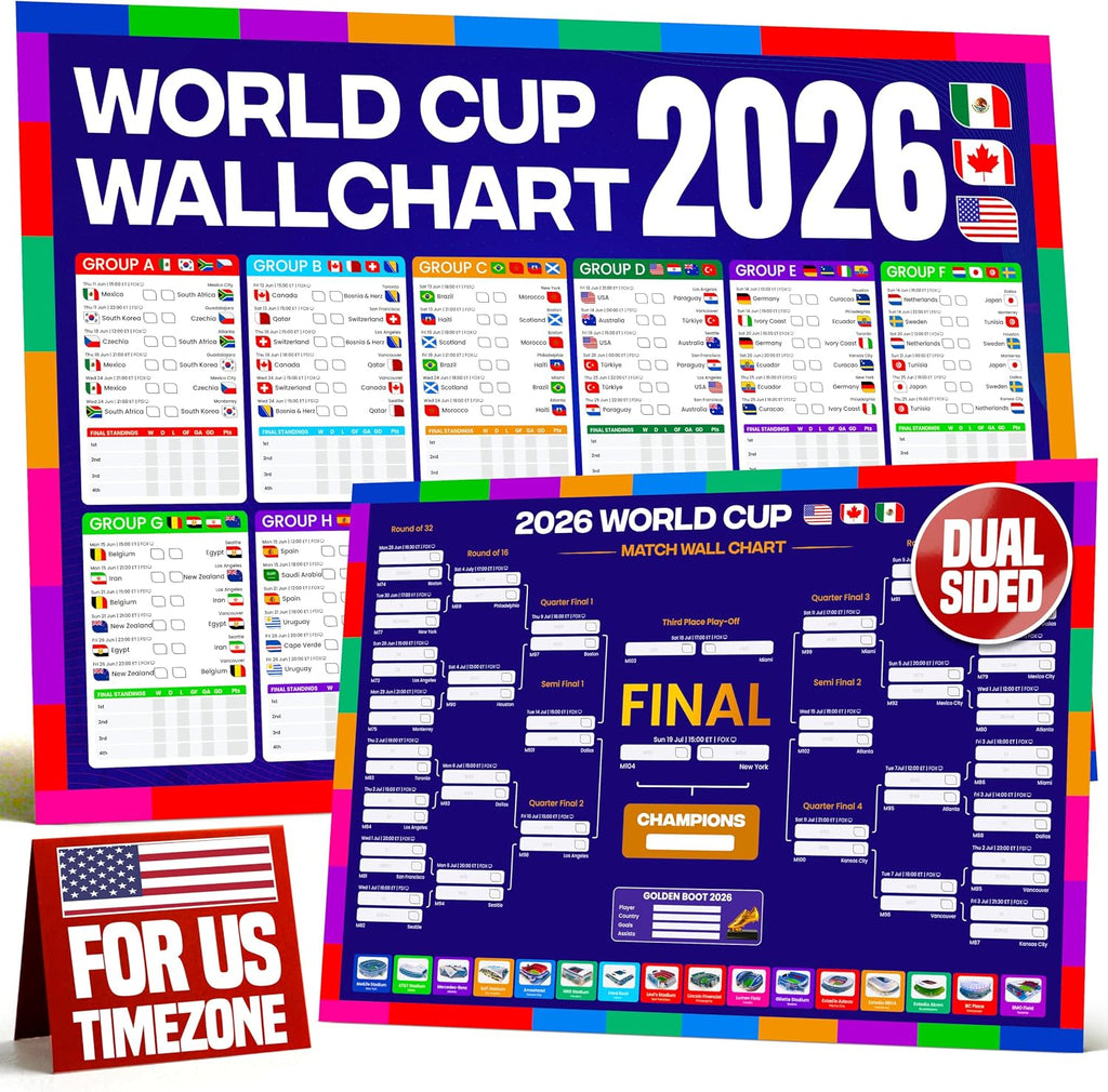 2026 World Cup Bracket Poster 2026 | A1 Size 2026 World Cup Soccer Poster with US Kick Off Times, Fixtures, Stadiums & Host Cities | World Cup Wall Chart