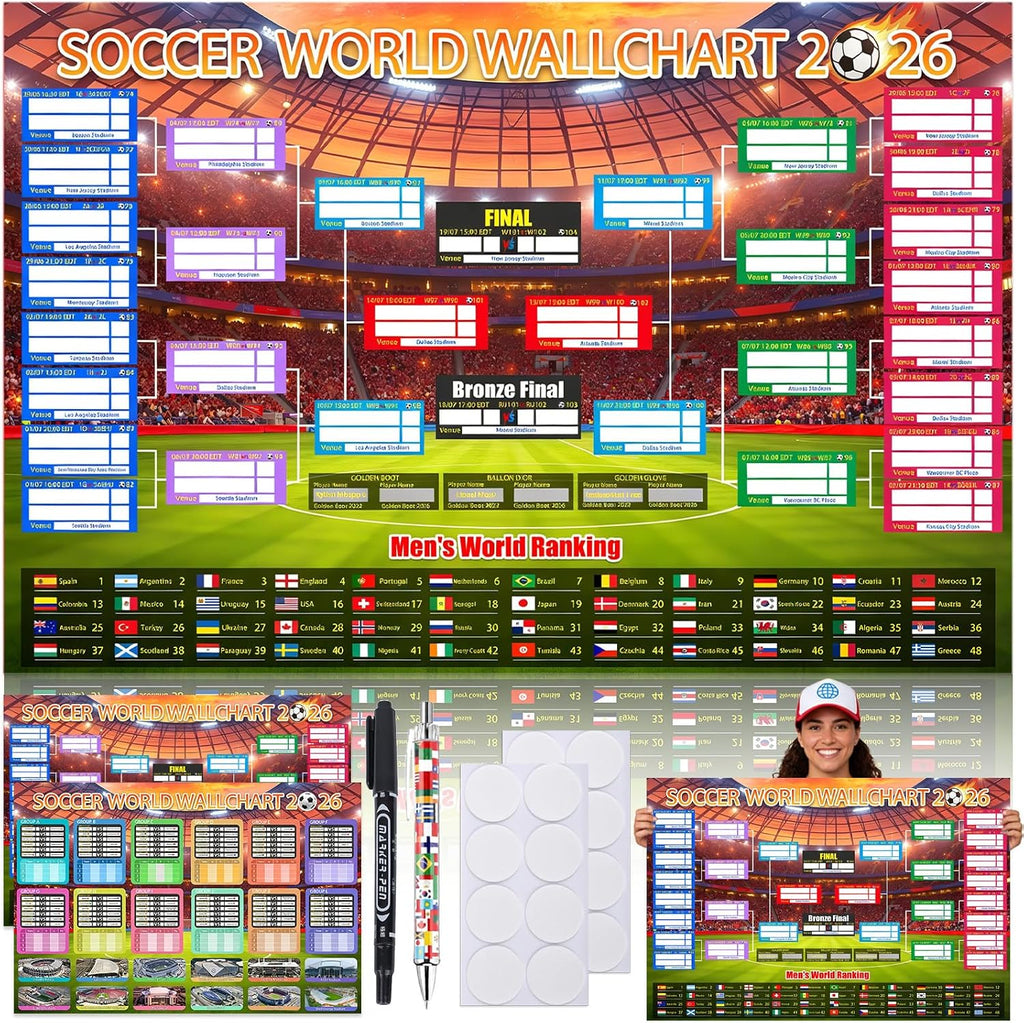 2 PCS World Cup Schedule Poster 2026 Large 24x33 Inch Tournament Wall Chart Set with No Crease Matte Finish, Includes Marker & Accessories for Fixture Tracking, Soccer Fans Gift & Decor(2)