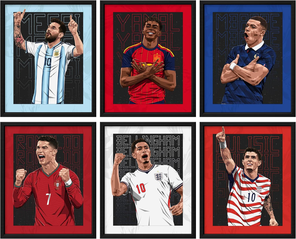 Soccer Wall Art Poster Bundle – World Cup Inspired Soccer Posters for Boys Bedroom – Messi Posters, Ronaldo Posters, Football Stars Sports Decor – Unframed Set Of 6 (8x10”)
