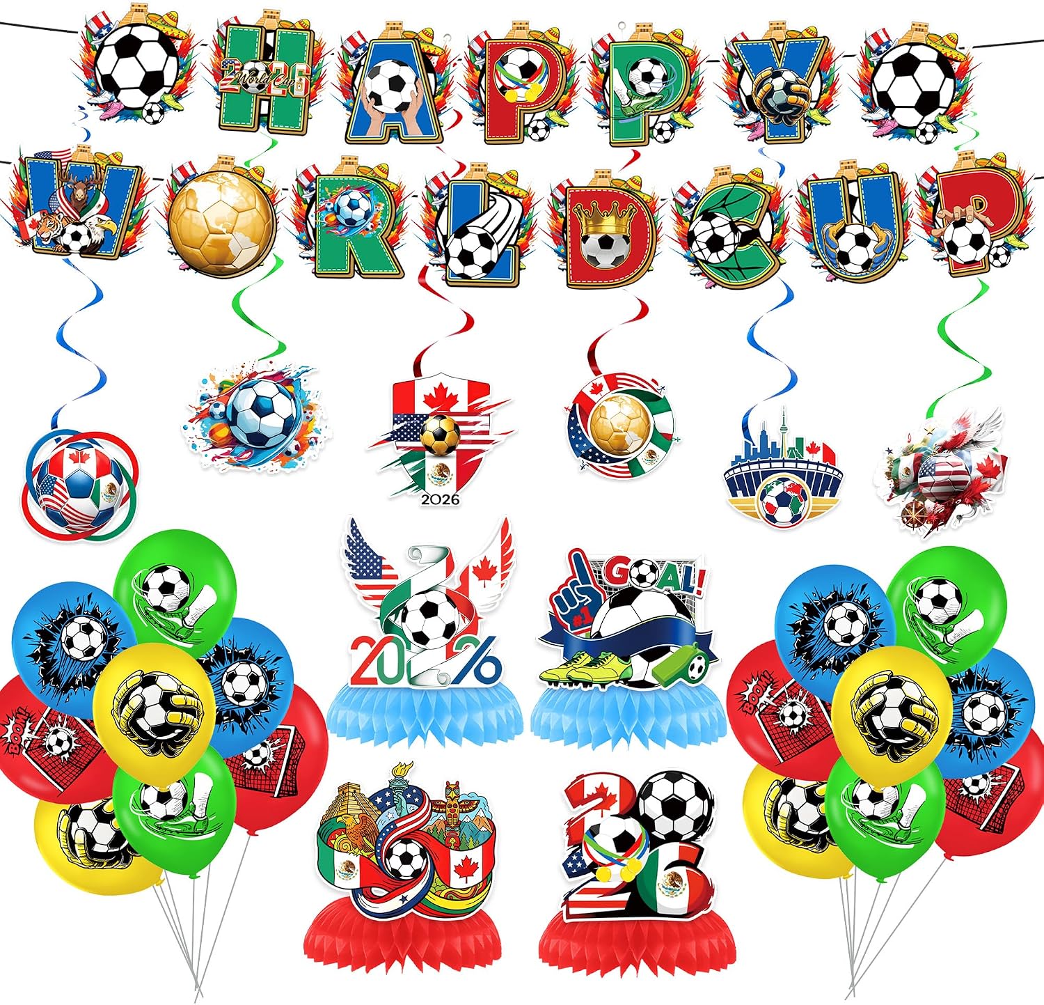 2026 World Cup Soccer Party Decorations Kit, Football Theme Decorations with Banner Honeycomb Centerpieces Balloons Hanging Tags, World Cup Soccer Decor for Sports Themed Party Olympic Celebration