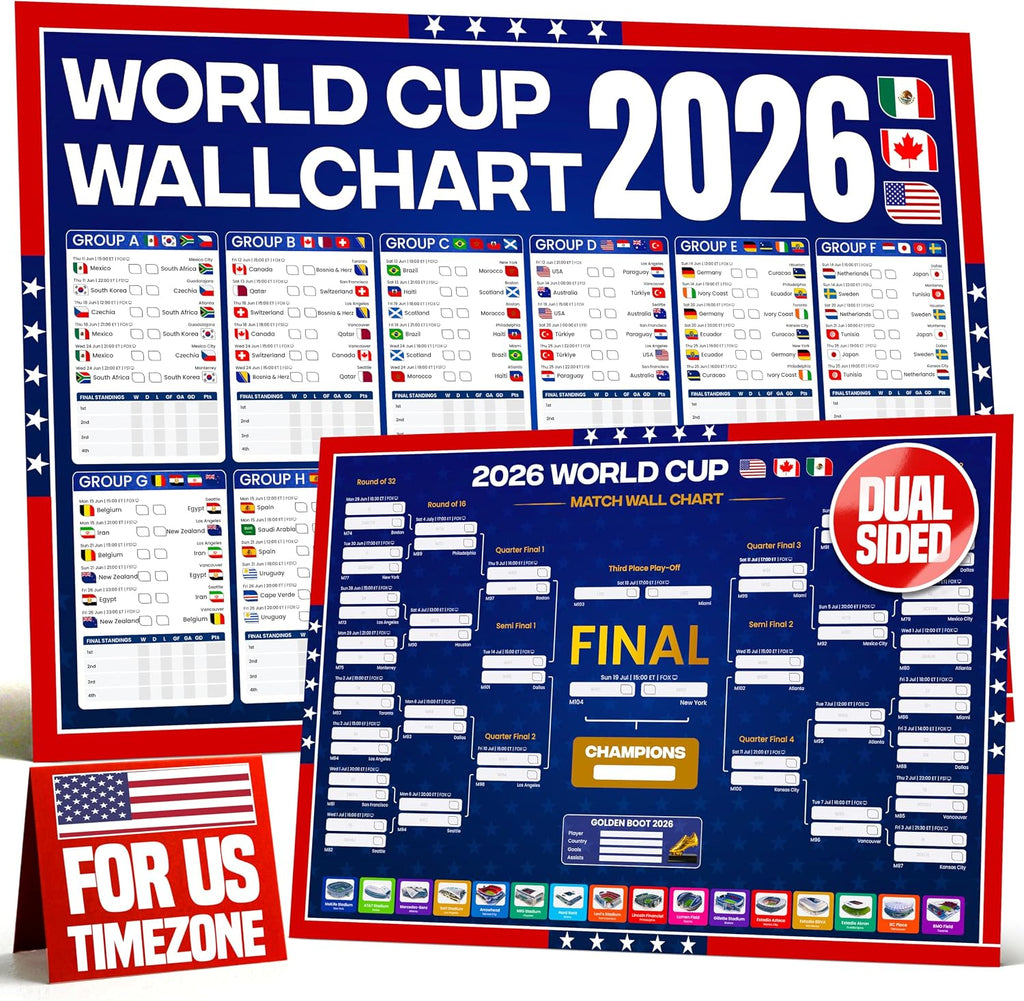 World Cup Bracket Poster 2026 | USA Theme - A1 Size 2026 World Cup Soccer Poster with US Kick Off Times, Fixtures, Stadiums & Host Cities | World Cup Wall Chart