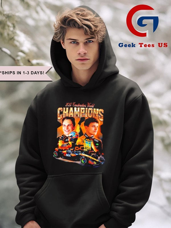 Adele wearing Lando and Oscar Formula 2025 Constructors World Champions T-shirt