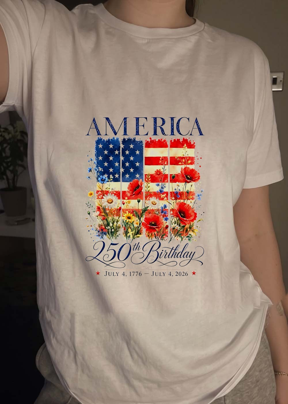 America 250th Birthday July 4 1776 2026 Floral Flag T-Shirt