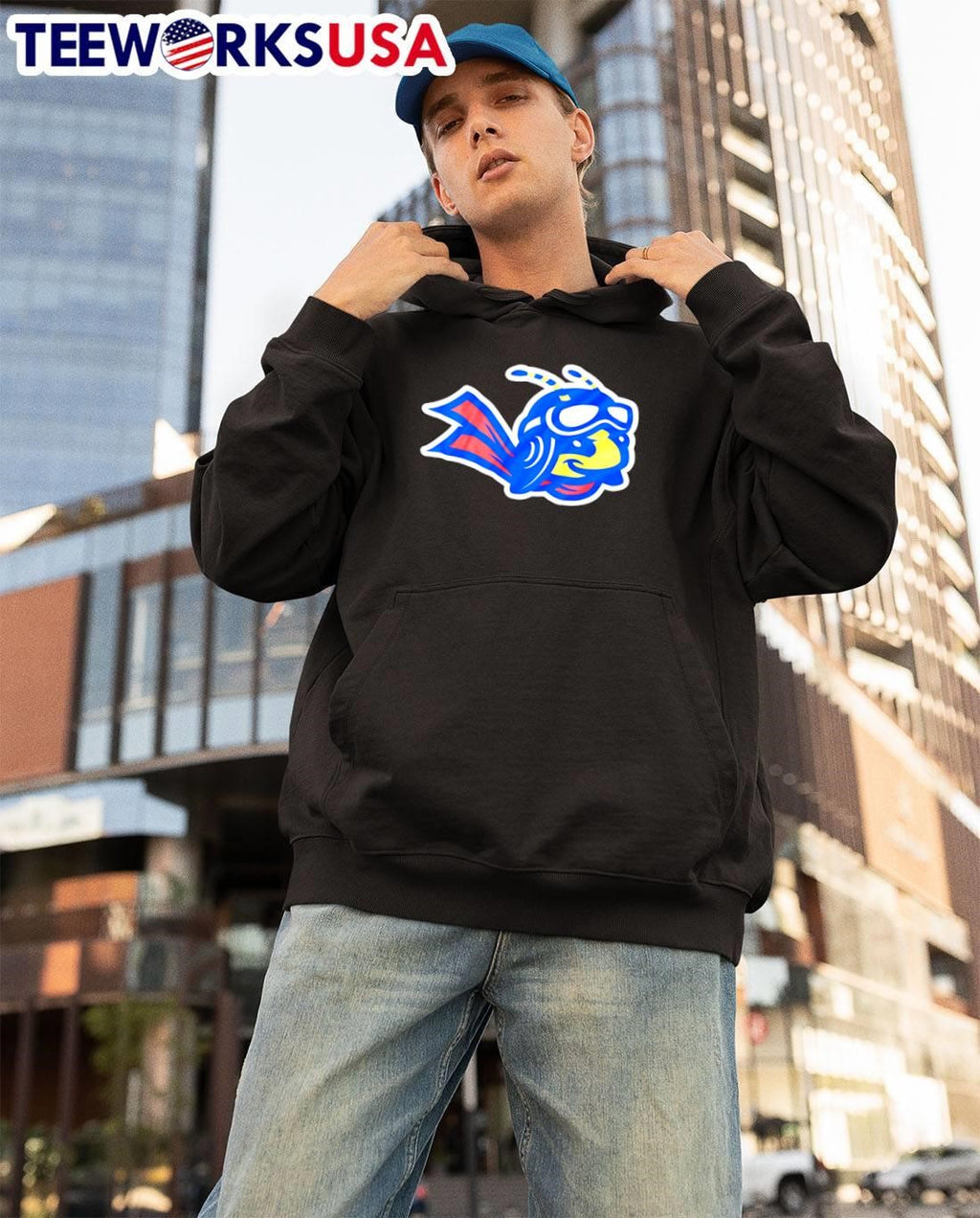 Blue Hornet Mascot Logo Flying With Goggles Sports Mascot shirt