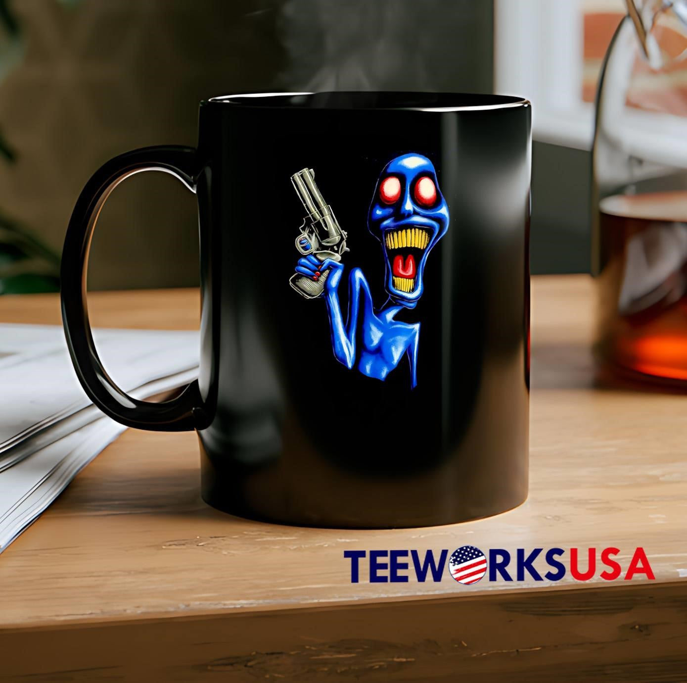 Blue Monster Holding Gun T-Shirt