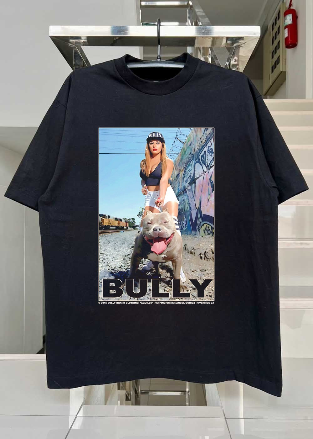 Bully Brand Clothing Aquiles Repping Owner Angel Quiroz Riverside CA Woman With Pitbull Bully T-Shirt
