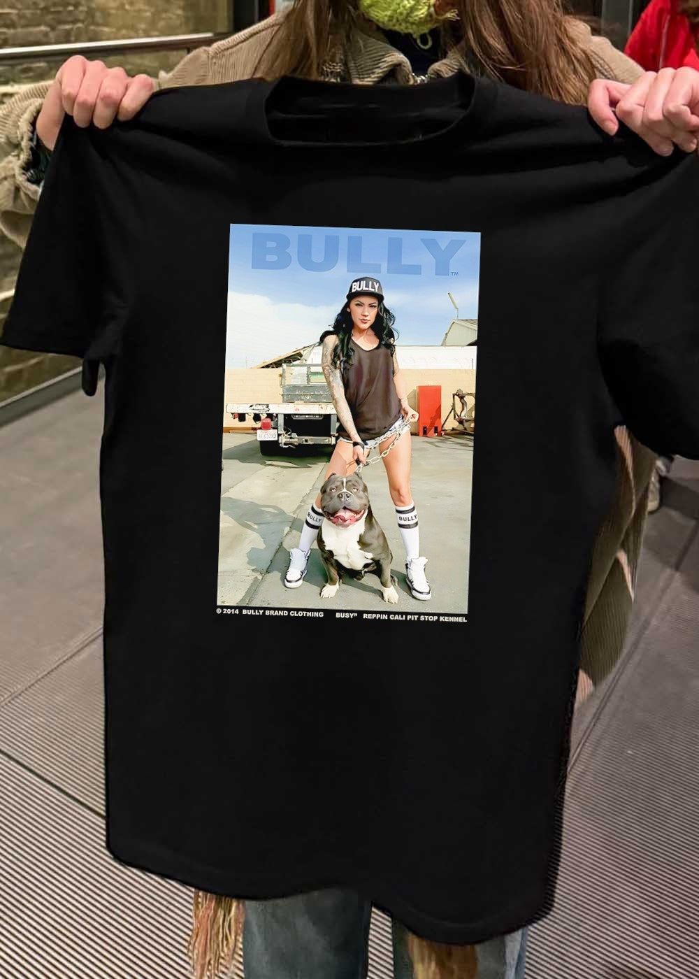 Bully Brand Clothing Busy Reppin Cali Pit Stop Kennel Woman Standing with Dog T-Shirt