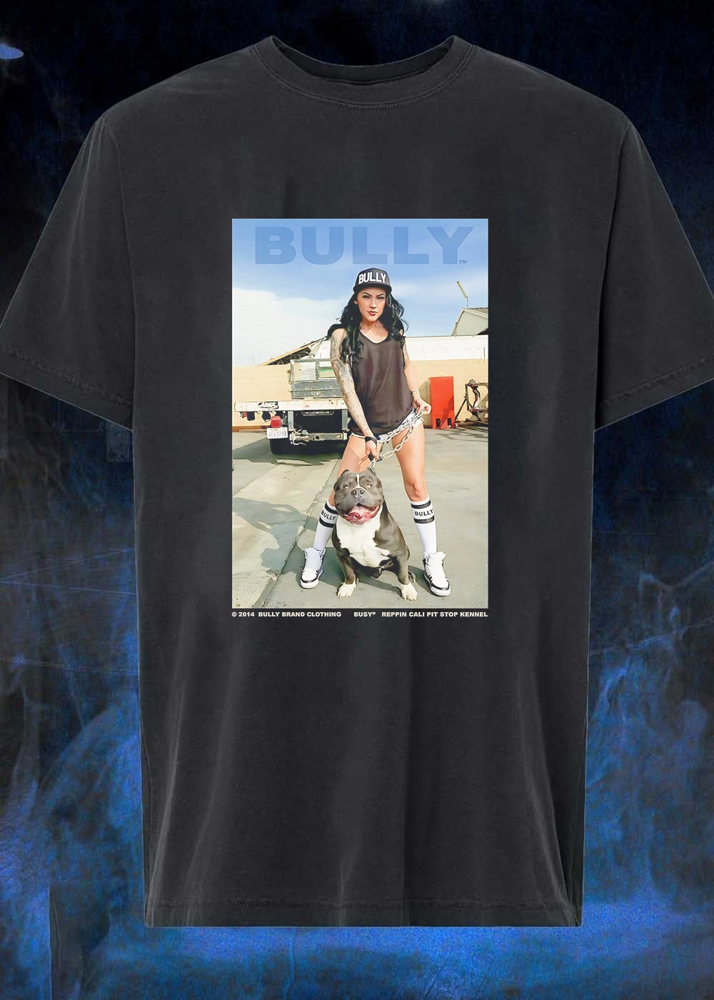Bully Brand Clothing Busy Reppin Cali Pit Stop Kennel Woman Standing with Dog T-Shirt
