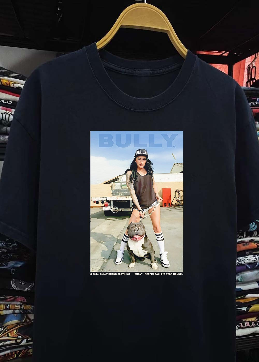 Bully Brand Clothing Busy Reppin Cali Pit Stop Kennel Woman Standing with Dog T-Shirt