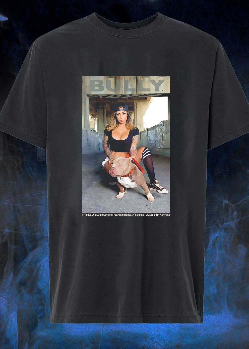 Bully Brand Clothing Captain Morgan Repping HA Los Gotty Antrax Woman Kneeling with Pitbull Shirt